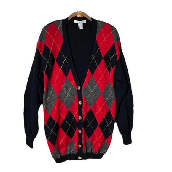 Evan Picone 100% Wool Argyle Vintage Cardigan Sweater - Picture 1 of 10